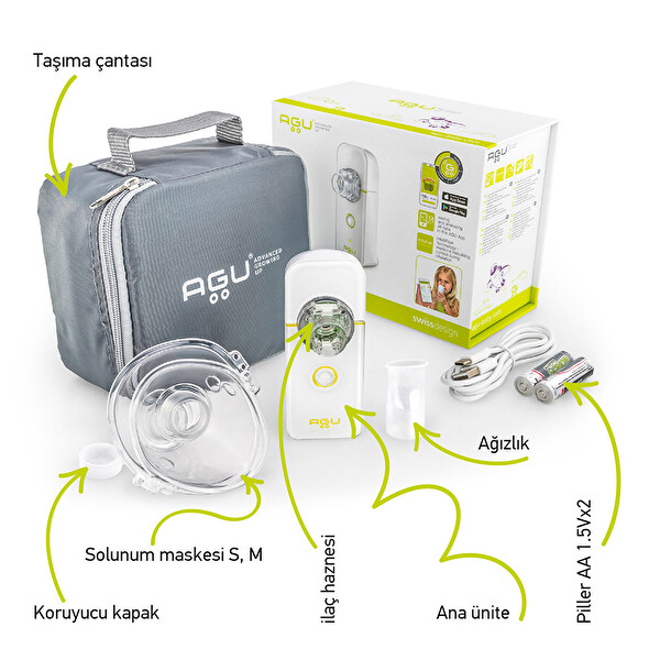Agu Baby Telefon Bağlantılı Kompakt Sessiz Çocuk-Bebek İçin Akıllı Mesh Nebulizatör Solunum Cihazı