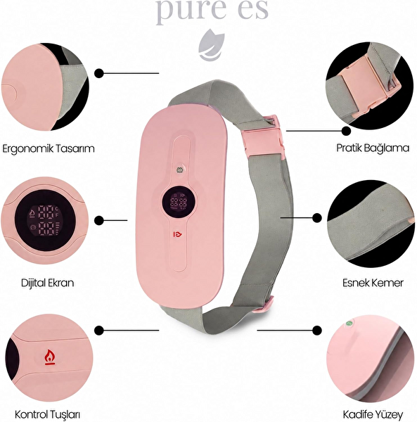 Pure Es Akıllı Isıtıcılı Regl Masaj Kemeri Pembe Bel Karın 6 Kademe Isıtma Titreşim