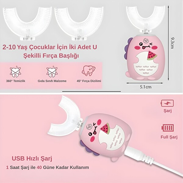 NPO 208 Şarjlı Ultrasonik 3 Modlu U Dizayn Çocuk Diş Fırçası - Pembe