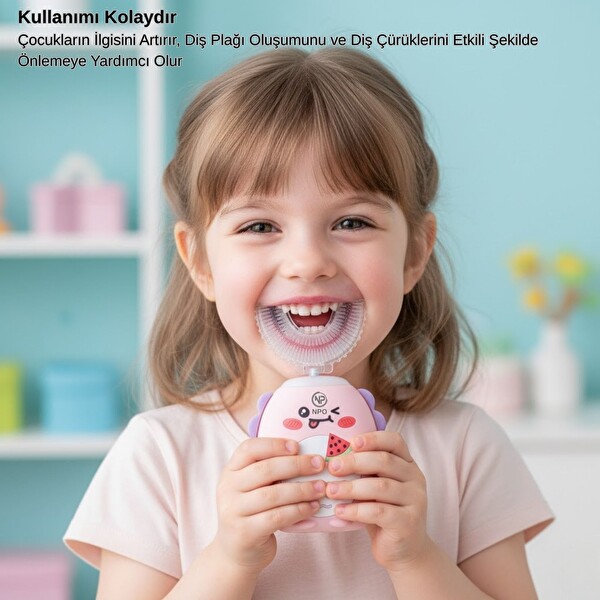 NPO 208 Şarjlı Ultrasonik 3 Modlu U Dizayn Çocuk Diş Fırçası - Pembe