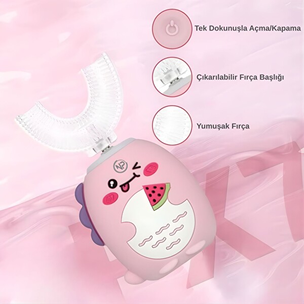 NPO 208 Şarjlı Ultrasonik 3 Modlu U Dizayn Çocuk Diş Fırçası - Pembe