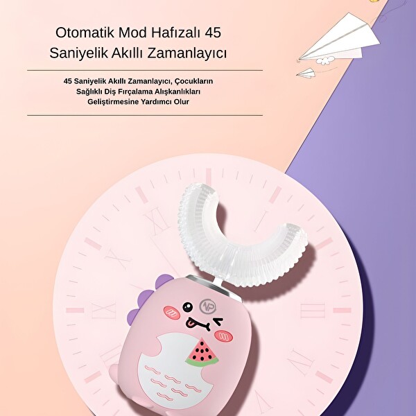 NPO 208 Şarjlı Ultrasonik 3 Modlu U Dizayn Çocuk Diş Fırçası - Pembe