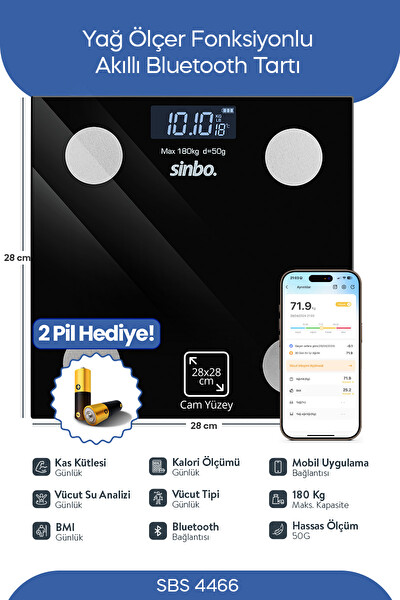 Sinbo SBS-4466 Akıllı Bluetooth Baskül Vücut Yağ - BMI Ölçer Mobil Uygulamalı
