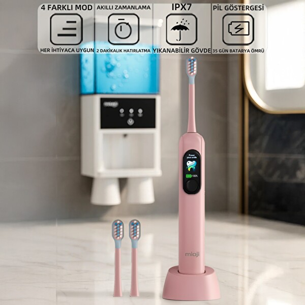 Mioji Oral B8 Care Şarj Edilebilir Diş Fırçası Pembe - Toplam 4 Adet Fırça Başlık
