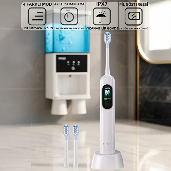Mioji Oral B8 Care Şarj Edilebilir Diş Fırçası Beyaz - Toplam 4 Adet Fırça Başlık