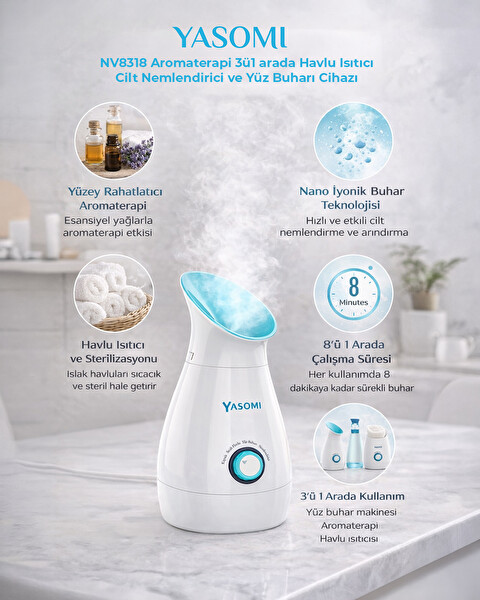 Yasomi NV8318 Aromaterapi 3ü1 arada Havlu Isıtıcı Cilt Nemlendirici ve Yüz Buharı Cihazı Mavi