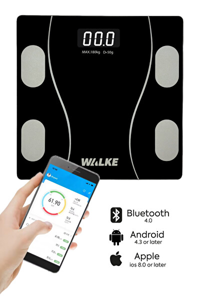Walke Premium Seri Dijital Baskül Yağ Su Kas Vücut Kitle Endeksi Kilo Ölçer Tartı 30x30 CM Siyah