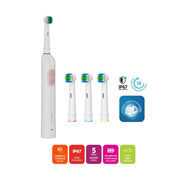 Polosmart PSC82 Şarjlı 5 Modlu IP67 Suya Dayanıklı Diş Fırçası Pembe