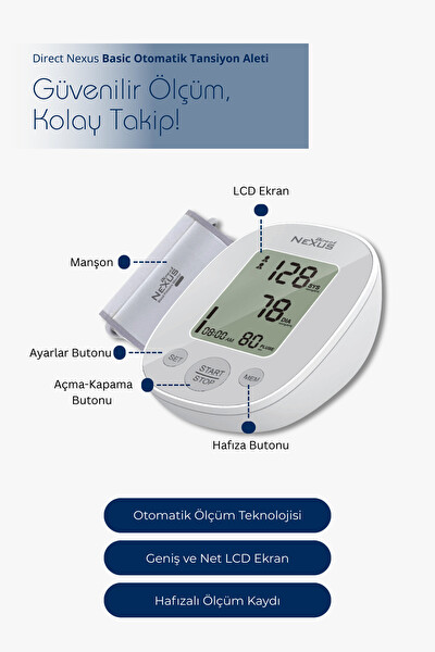 Direct Nexus Koldan Ölçer Basic Otomatik Tansiyon Aleti 2 Kullanıcı 180 Hafıza