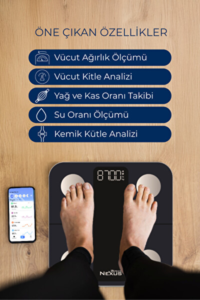 Direct Nexus Vücut Kitle Indeksi Ölçüm Baskülü Dijital Lcd Ekranlı Akıllı Telefon Bağlantılı ve Hassas Tartı