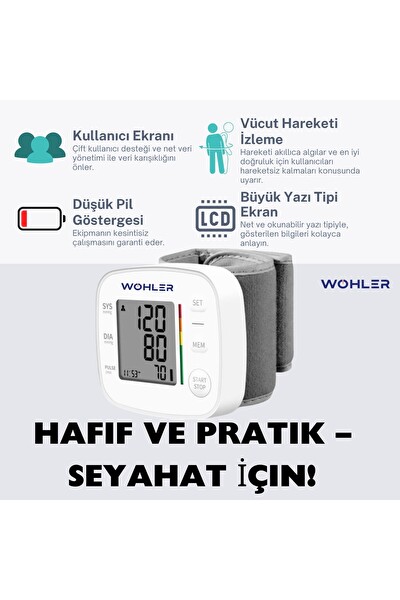 Wohler Bilekten Ölçer Dijital Tansiyon Aleti Nabız Ölçer 2 x 120 Ölçüm Hafıza Saklama Kutulu
