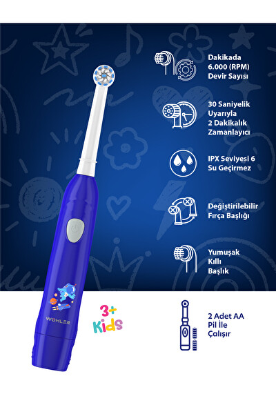 Wohler Değiştirilebilir Başlıklı Pilli Erkek Çocuk Diş Fırçası 3+ FDA Onaylı