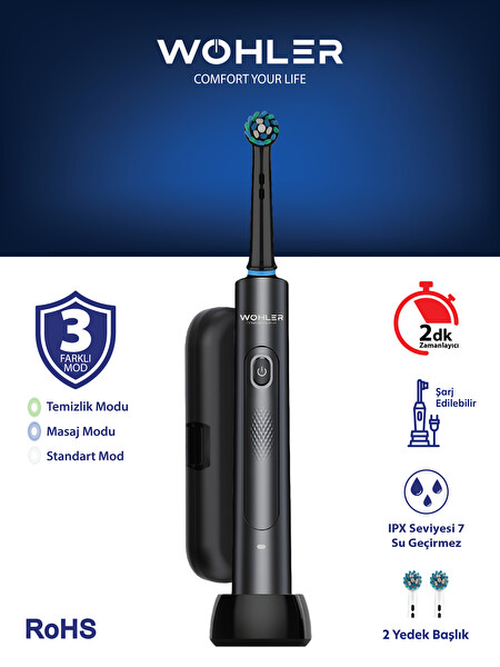 Wohler Değiştirilebilir Başlıklı Şarj Edilebilir Elektrikli Diş Fırçası Siyah