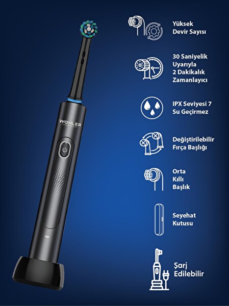 Wohler Değiştirilebilir Başlıklı Şarj Edilebilir Elektrikli Diş Fırçası Siyah