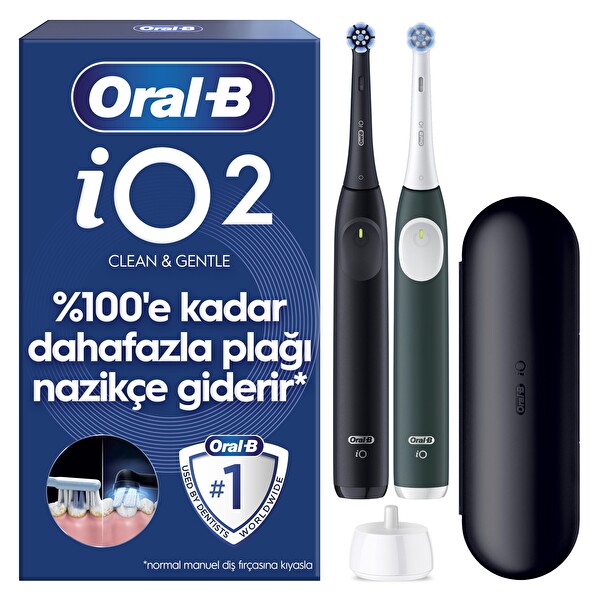 Oral-B iO2 Şarjlı Elektrikli Diş Fırçası 2'li Set - Siyah ve Orman Yeşili - 2 Fırça Başlığı - Seyahat Kabı