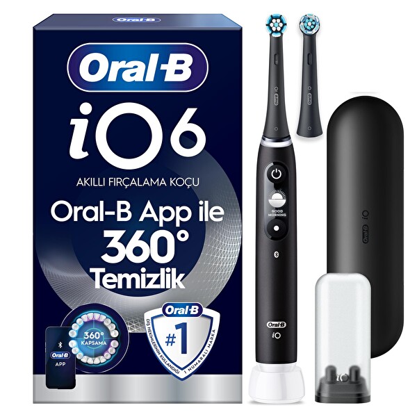 Oral-B iO6 Siyah Şarjlı Elektrikli Diş Fırçası - 2 Fırça Başlığı - Uzun Ömürlü Pil - Premium Seyahat Kabı