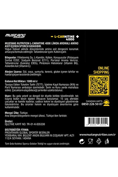 Mustang Nutrition L-Carnitine 4000 Mg 1000 ML 2’li Avantaj Paketi Limon
