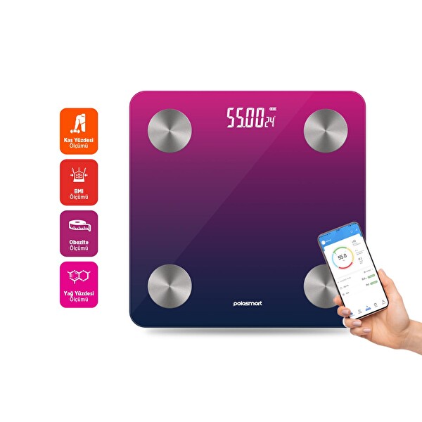 Polosmart PSC104 Pilli Bluetooth Vücut Analizli Yağ Kas Su Ölçer Akıllı Tartı Mor