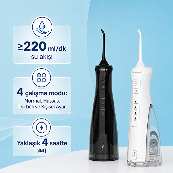 NPO Nicefeel FC5610 Şarjlı Taşınabilir 4 Modlu 280 ML IPX7 Diş Teli ve Protez Bakımı için Beyaz Ağız Duşu