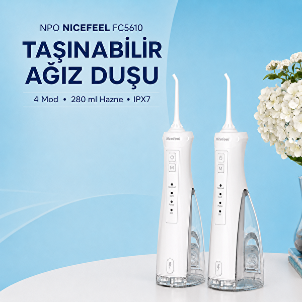 NPO Nicefeel FC5610 Şarjlı Taşınabilir 4 Modlu 280 ML IPX7 Diş Teli ve Protez Bakımı için Beyaz Ağız Duşu