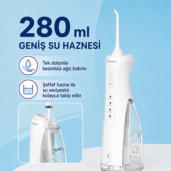 NPO Nicefeel FC5610 Şarjlı Taşınabilir 4 Modlu 280 ML IPX7 Diş Teli ve Protez Bakımı için Beyaz Ağız Duşu