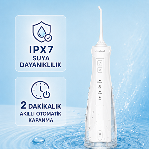 NPO Nicefeel FC5610 Şarjlı Taşınabilir 4 Modlu 280 ML IPX7 Diş Teli ve Protez Bakımı için Beyaz Ağız Duşu