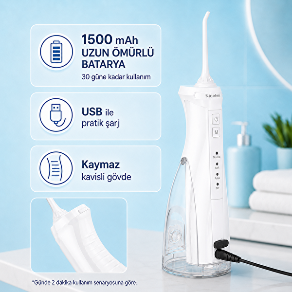 NPO Nicefeel FC5610 Şarjlı Taşınabilir 4 Modlu 280 ML IPX7 Diş Teli ve Protez Bakımı için Beyaz Ağız Duşu