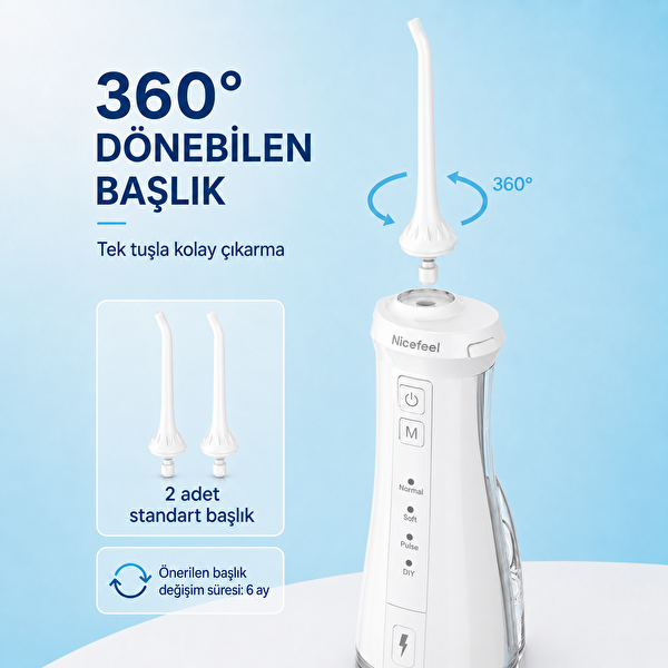 NPO Nicefeel FC5610 Şarjlı Taşınabilir 4 Modlu 280 ML IPX7 Diş Teli ve Protez Bakımı için Beyaz Ağız Duşu