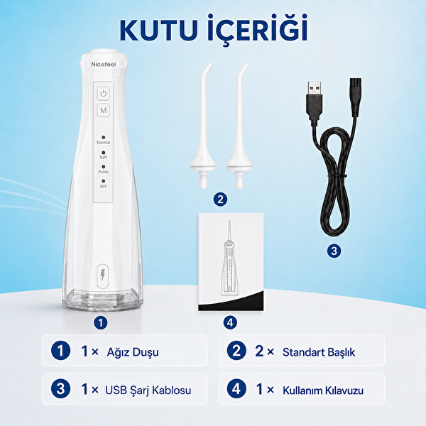NPO Nicefeel FC5610 Şarjlı Taşınabilir 4 Modlu 280 ML IPX7 Diş Teli ve Protez Bakımı için Beyaz Ağız Duşu