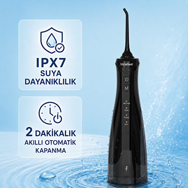 NPO Nicefeel FC5610 Şarjlı Taşınabilir 4 Modlu 280 ML IPX7 Diş Teli ve Protez Bakımı için Siyah Ağız Duşu