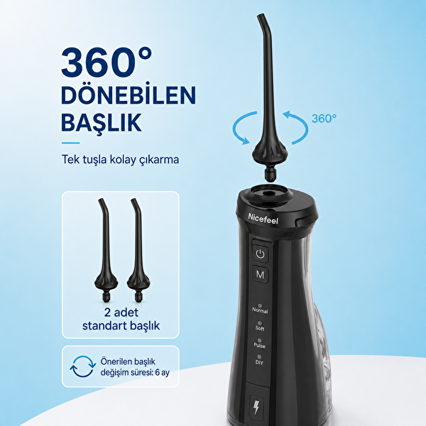 NPO Nicefeel FC5610 Şarjlı Taşınabilir 4 Modlu 280 ML IPX7 Diş Teli ve Protez Bakımı için Siyah Ağız Duşu