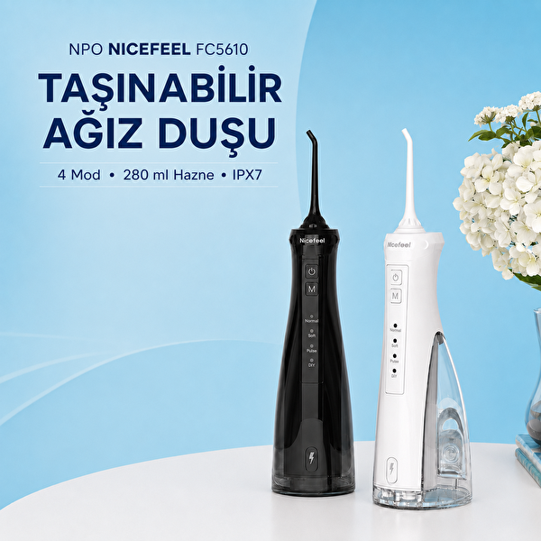 NPO Nicefeel FC5610 Şarjlı Taşınabilir 4 Modlu 280 ML IPX7 Diş Teli ve Protez Bakımı için Siyah Ağız Duşu