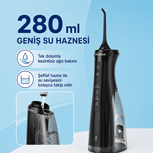 NPO Nicefeel FC5610 Şarjlı Taşınabilir 4 Modlu 280 ML IPX7 Diş Teli ve Protez Bakımı için Siyah Ağız Duşu