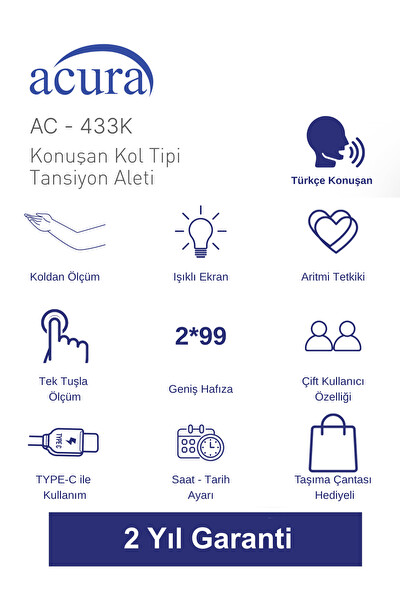 Acura AC-433 K Geniş Ekranlı Türkçe Konuşan Tansiyon Aleti