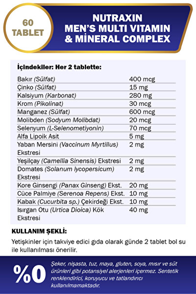Nutraxin Erkek Multi Vitamin Kompleks 60 Tablet