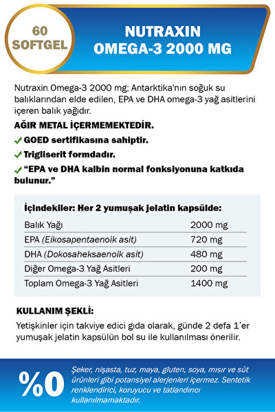 Nutraxin Omega 3 Balık Yağı 2000 MG 60 Kapsül