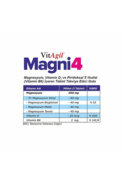 Vitagil Magni4 Magnezyum Vitamin D3 P5p 60 Tablet