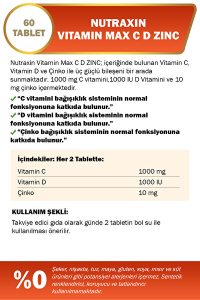 Nutraxin Vitamin Max C.D Çinko 60 Tablet