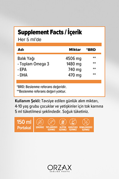 Orzax Ocean Omega 3 Portakallı Balık Yağı Şurubu 150 ML
