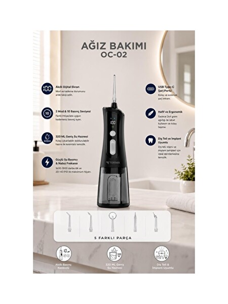 Torima Dijital Ekranlı Şarjlı Ağız Duşu 2 Modlu Taşınabilir Ağız Bakım Cihazı OC02 Siyah