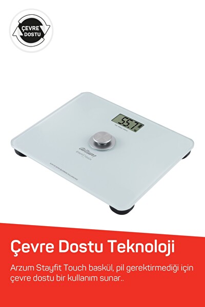 Arzum AR5126 Stayfit Touch Cam Baskül 180 KG Pilsiz Dijital Tartı Beyaz