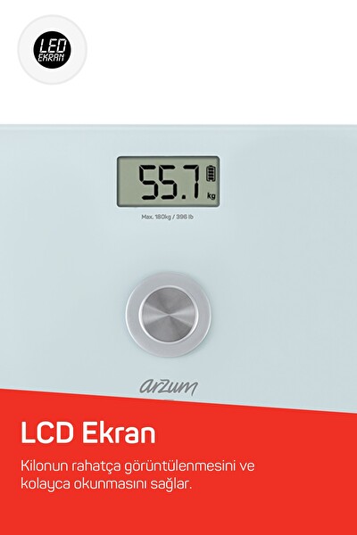 Arzum AR5126 Stayfit Touch Cam Baskül 180 KG Pilsiz Dijital Tartı Beyaz