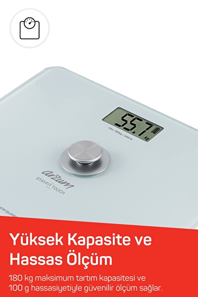 Arzum AR5126 Stayfit Touch Cam Baskül 180 KG Pilsiz Dijital Tartı Beyaz