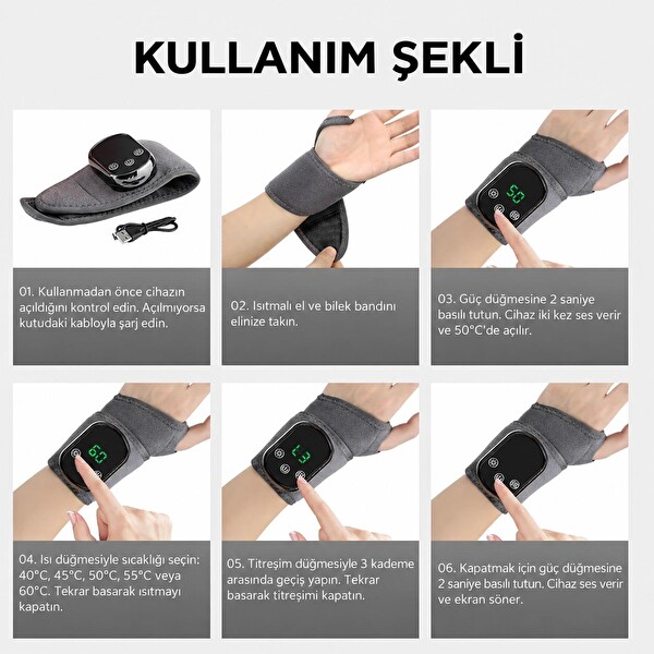 Valkyrie Isıtmalı Titreşimli El Bilek Masaj Aleti Şarjlı 5 Isı Ayarlı 3 Kademeli Masaj Destekli