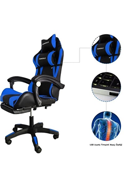Fashcolle Blue Star Işıklı Masaj Özellikli Oyuncu Koltuğu Mavi Siyah