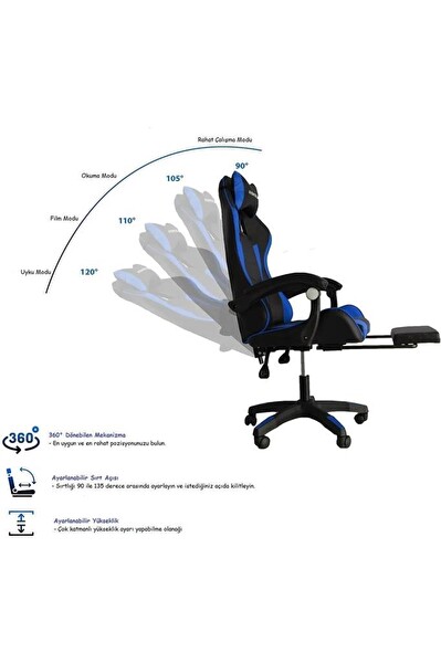 Fashcolle Blue Star Işıklı Masaj Özellikli Oyuncu Koltuğu Mavi Siyah
