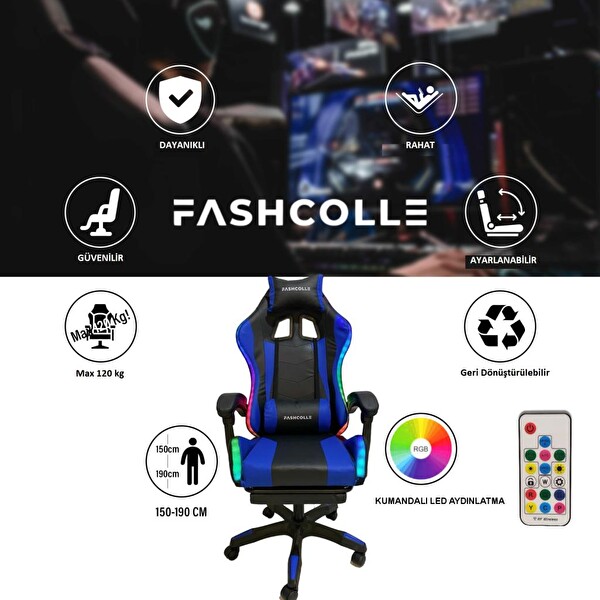 Fashcolle Blue Star Işıklı Masaj Özellikli Oyuncu Koltuğu Mavi Siyah