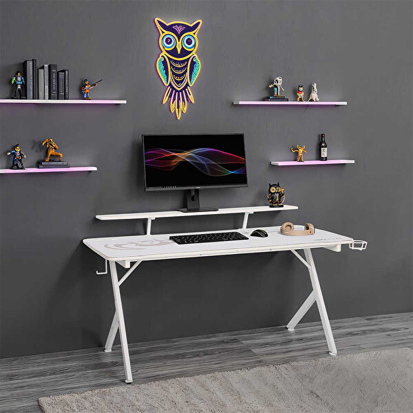 Adore Mobilya Ryze Castle Karbon Fiber RGB Gaming Masası - Beyaz 160x80x76 cm