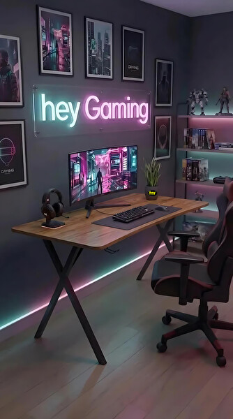 Hey Modüler Mobilya Gaming Profesyonel Ceviz 120 CM Siyah Ayak Oyuncu Masası