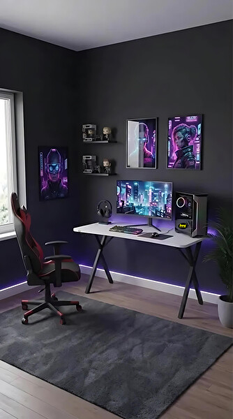 Hey Modüler Mobilya Gaming Profesyonel Beyaz 120 CM Siyah Ayak Oyuncu Masası